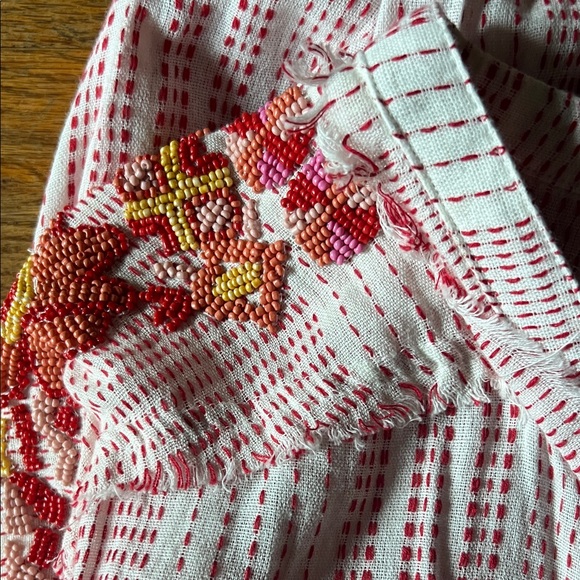 Johnny Was Jacques Red White Lace-Front Tasseled Boho Beaded Blouse - Picture 4 of 5